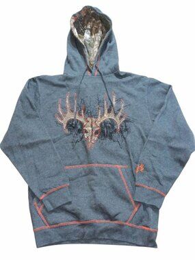 Buck Wear Men's Hoodie Sweatshirt Medium Gray Pullover Camo-Lined Hood Hunting